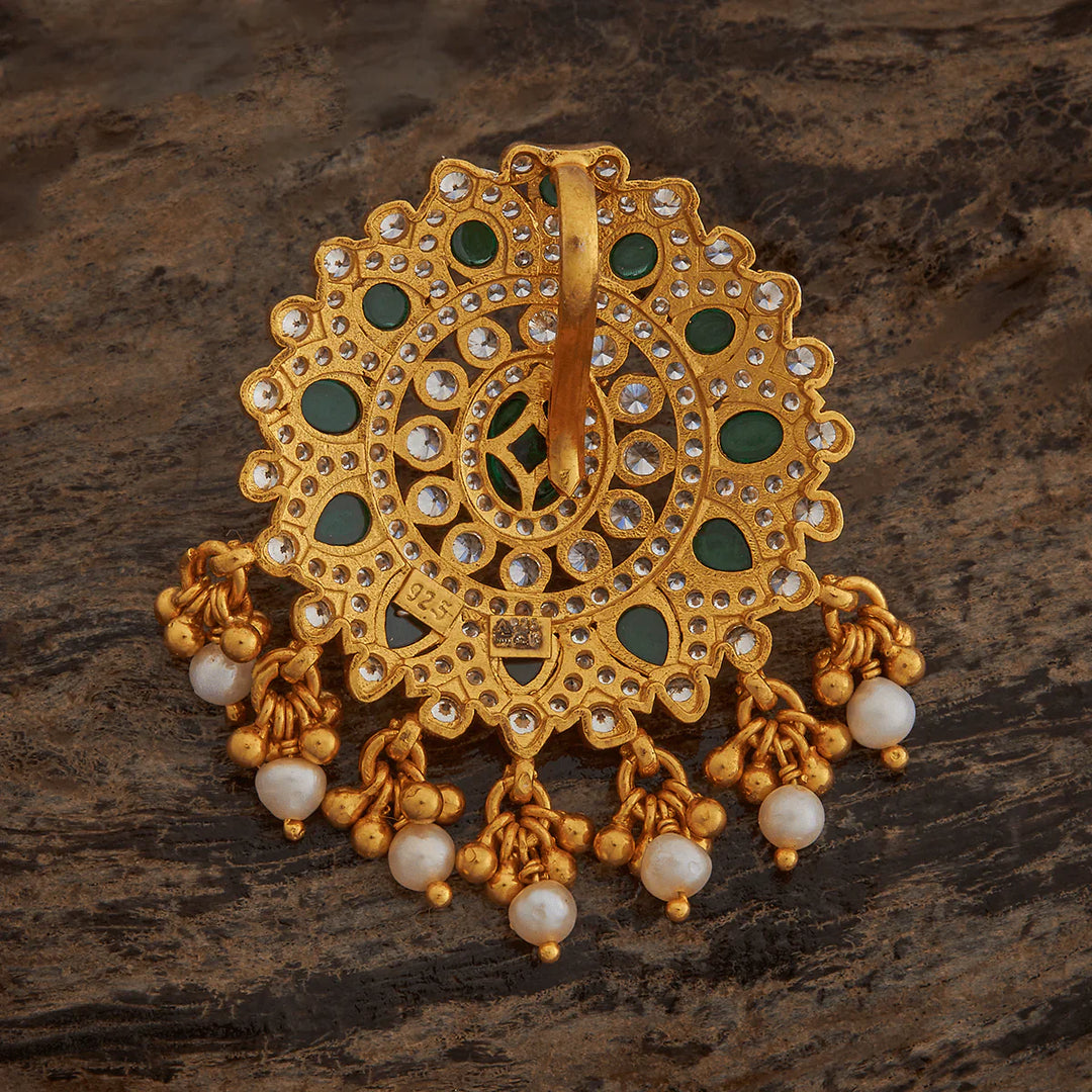 Pure 92.5 silver Flower Design Temple Pendant CZ And Green Stone And Dangling Beads And Pearl