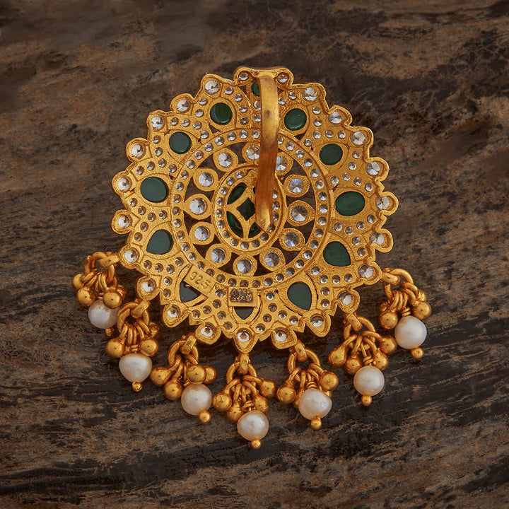 Pure 92.5 silver Flower Design Temple Pendant CZ And Green Stone And Dangling Beads And Pearl