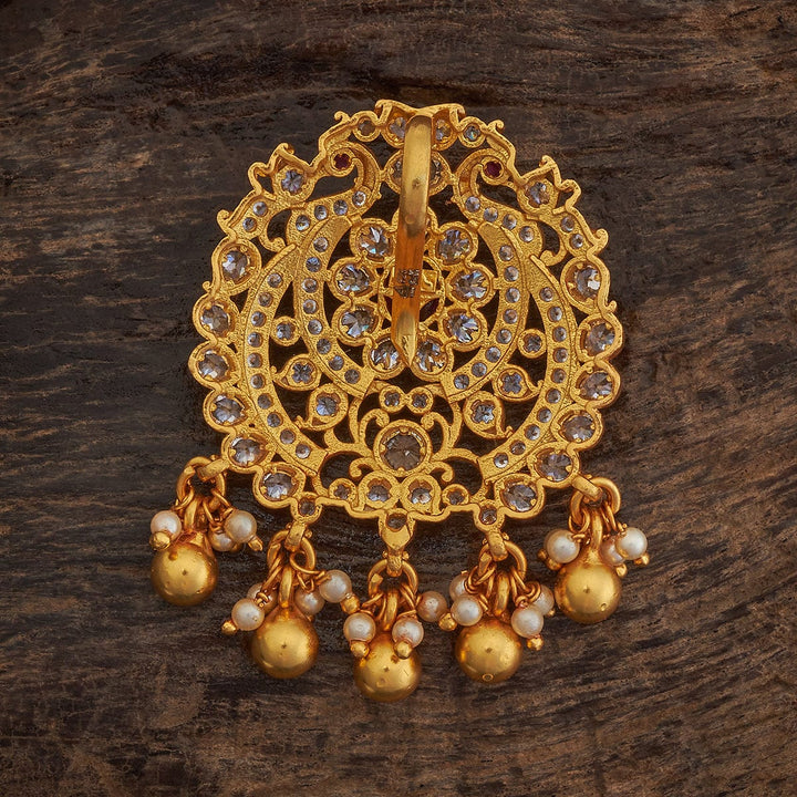 92.5 Pure Silver Flower Motif Temple Pendant With CZ Ans Red Stone And Dangling Pearls And Beads