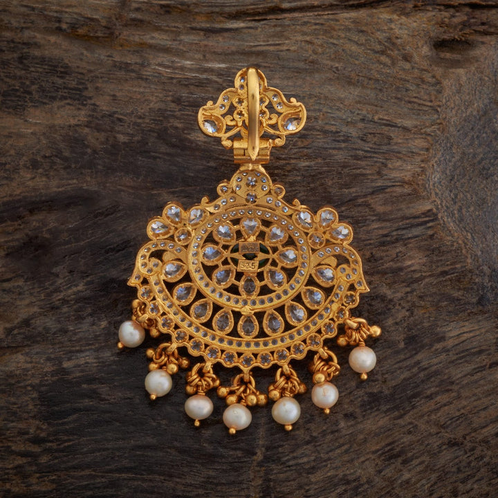 92.5 Pure Silver Flower Motif Temple Pendant With CZ And Green Stone And Dangling Pearls And Beads