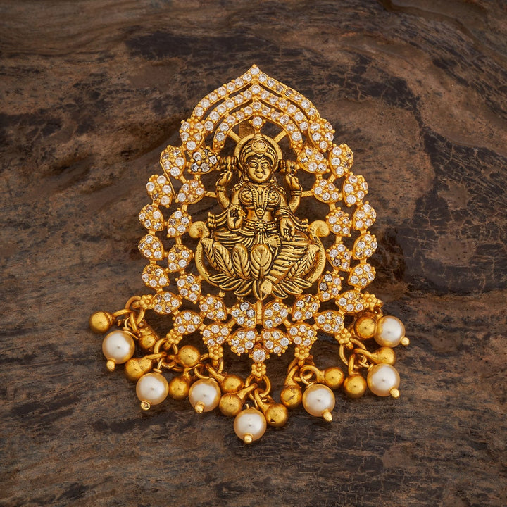Pure 92.5 Silver Lakshmi Design Temple Pendant with CZ Stones, Dangling Beads and Pearls