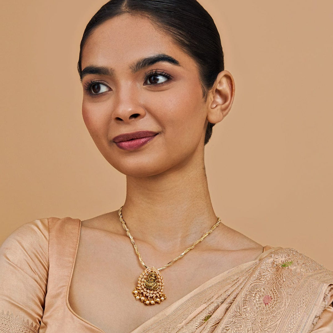 Pure 92.5 Silver Lakshmi Design Temple Pendant with CZ Stones, Dangling Beads and Pearls