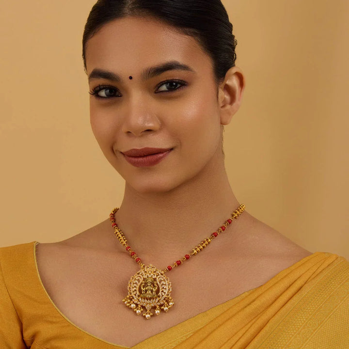 Pure 92.5 Silver Lakshmi Design Temple Pendant with CZ Stones, Dangling Beads and Pearls