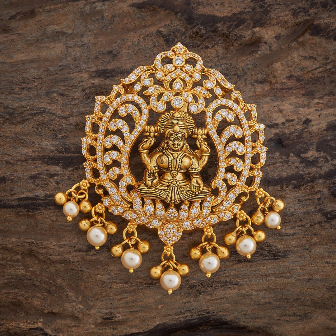 Pure 92.5 Silver Lakshmi Design Temple Pendant with CZ Stones, Dangling Beads and Pearls