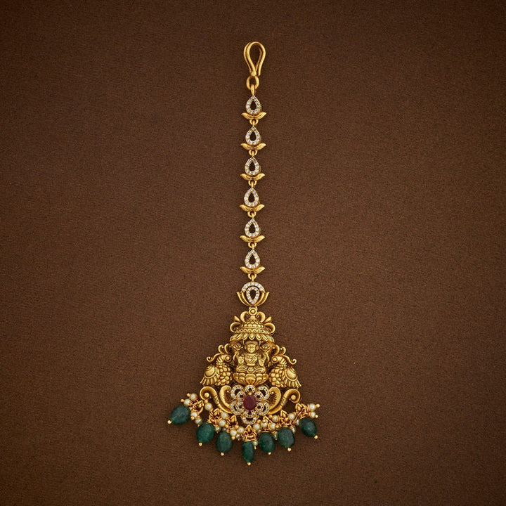 Pure 92.5 Silver Gold Oxidized Plated Lakshmi Motif Temple Tikka with Gemstone and Dangling Beads