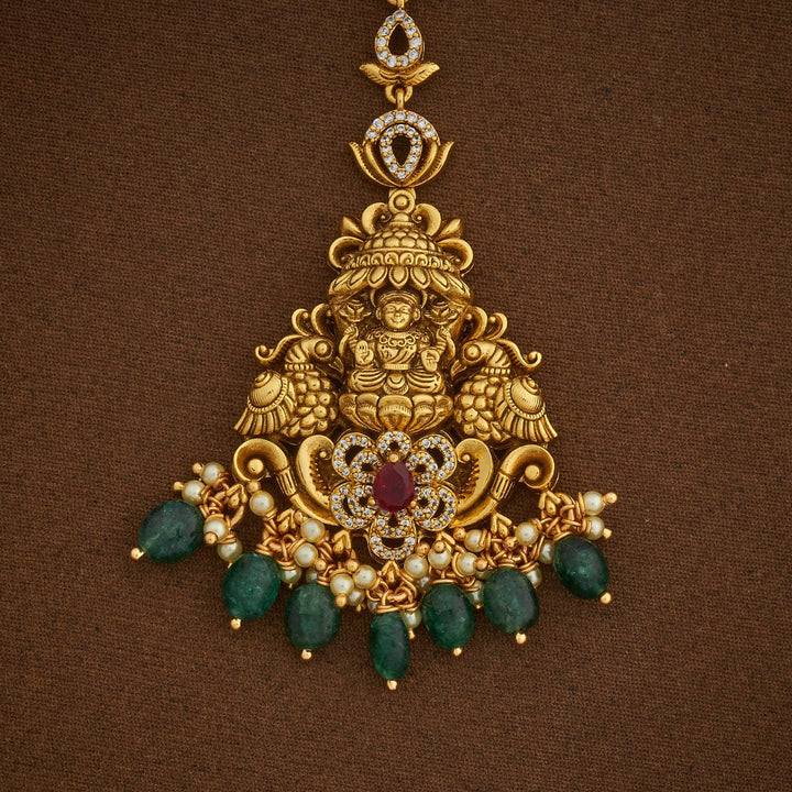 Pure 92.5 Silver Gold Oxidized Plated Lakshmi Motif Temple Tikka with Gemstone and Dangling Beads