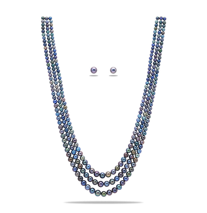 Freshwater Iridescent Deep Blue Pearl Necklace Set