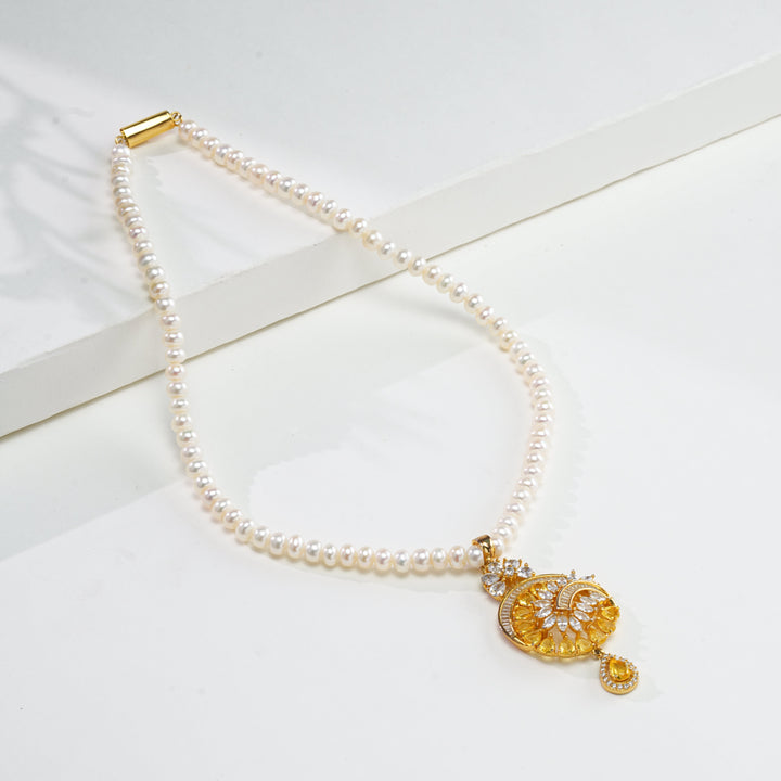 Pure Pearls Single Line Necklace with Fancy AD Pendant and Earrings Set