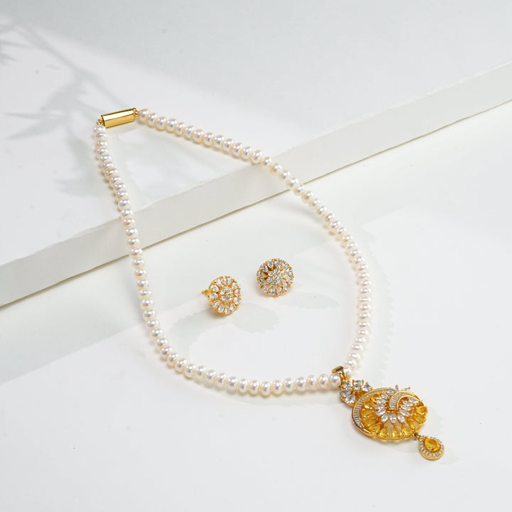 Pure Pearls Single Line Necklace with Fancy AD Pendant and Earrings Set