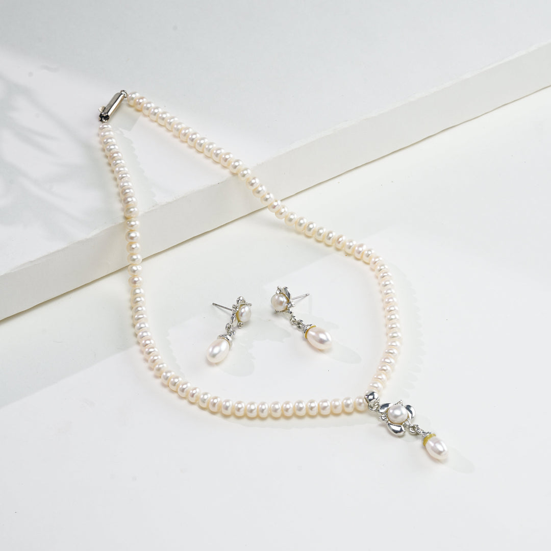 Pure Pearls Single Line Necklace and Drop Earrings Set