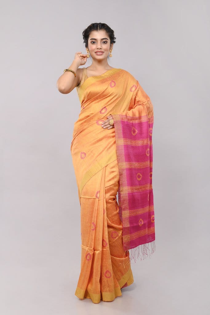 Yellow Pink Handloom Jamdani Matka Silk Saree with Pink Pallu
