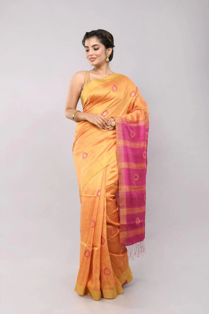 Yellow Pink Handloom Jamdani Matka Silk Saree with Pink Pallu