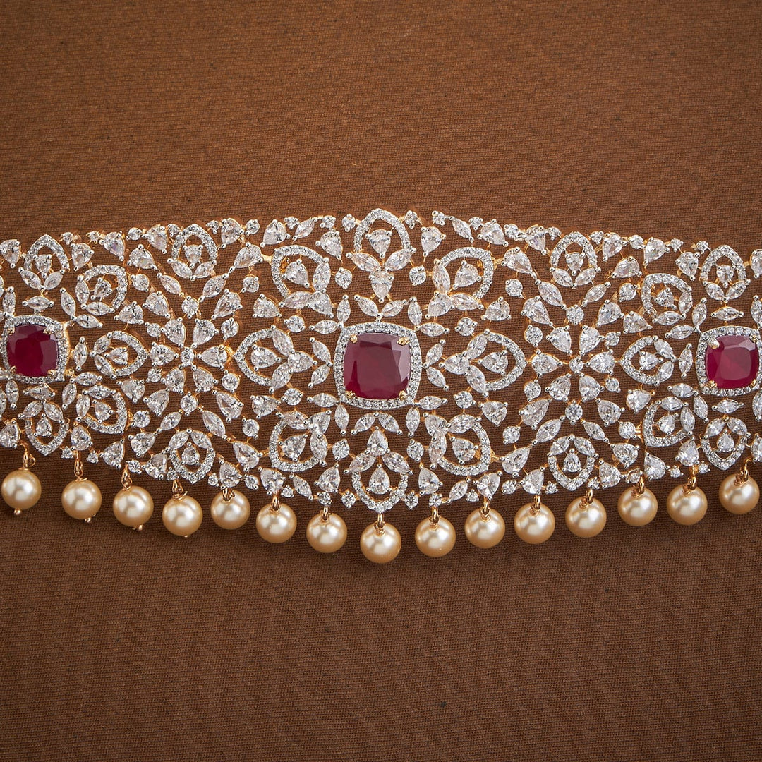 Floral Design Zircon Waist Belt and Pearls Detailing and Ruby Stone