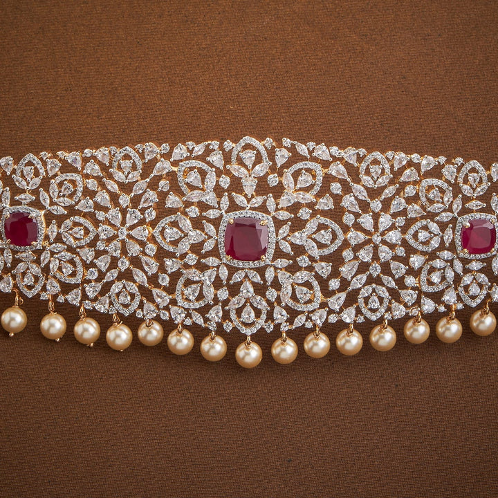 Floral Design Zircon Waist Belt and Pearls Detailing and Ruby Stone