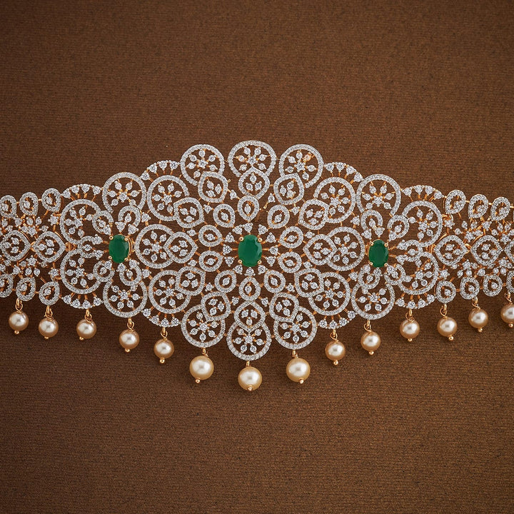 Floral Design Zircon Waist Belt and Pearls Detailing and Green Stone