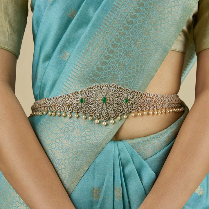 Floral Design Zircon Waist Belt and Pearls Detailing and Green Stone