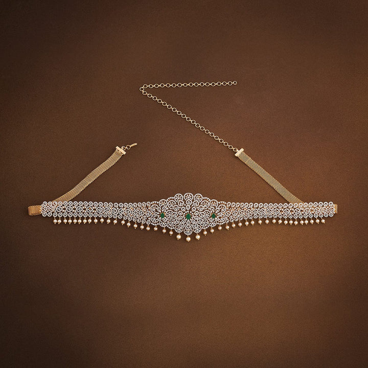 Floral Design Zircon Waist Belt and Pearls Detailing and Green Stone