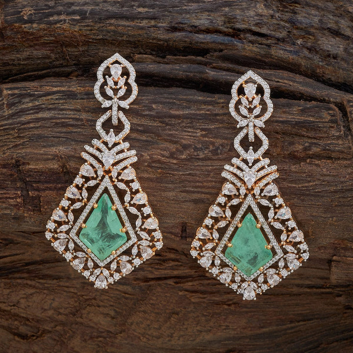 Rose Gold-Plated Geometric Earrings with Sparkling Zircons and Mint Green Gemstones