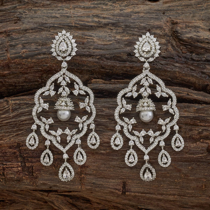 Rodium polished Ornate Zircon and Pearl Dangle Earrings