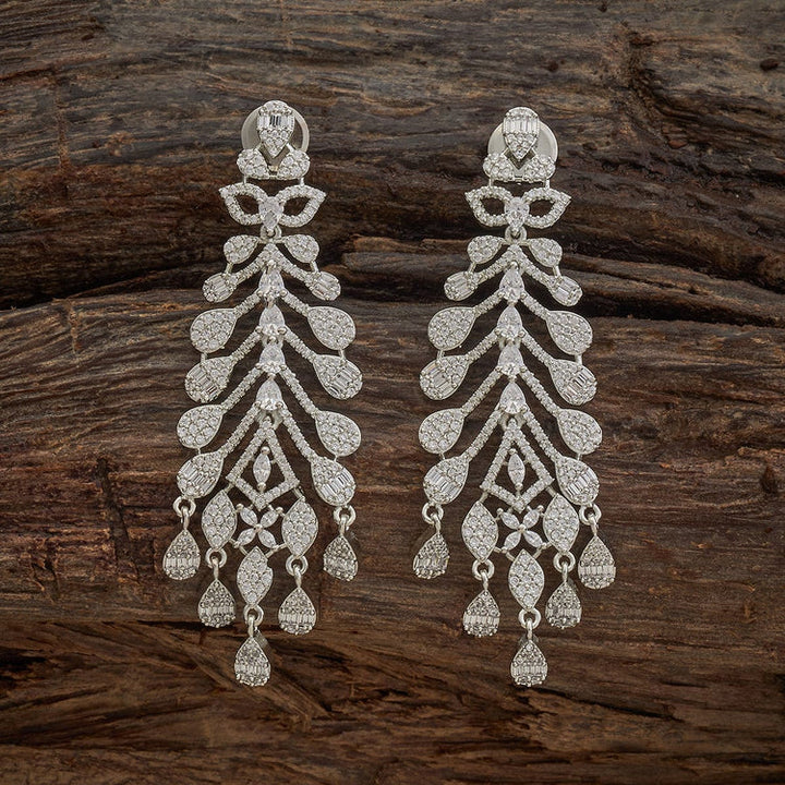 White Rhodium Long Zircon Earrings With Dangling Drops Design