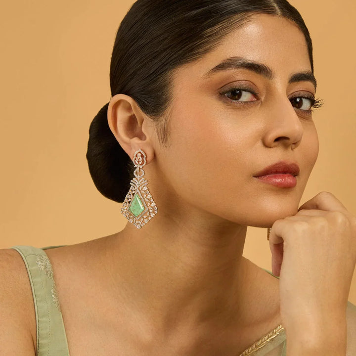 Rose Gold-Plated Geometric Earrings with Sparkling Zircons and Mint Green Gemstones