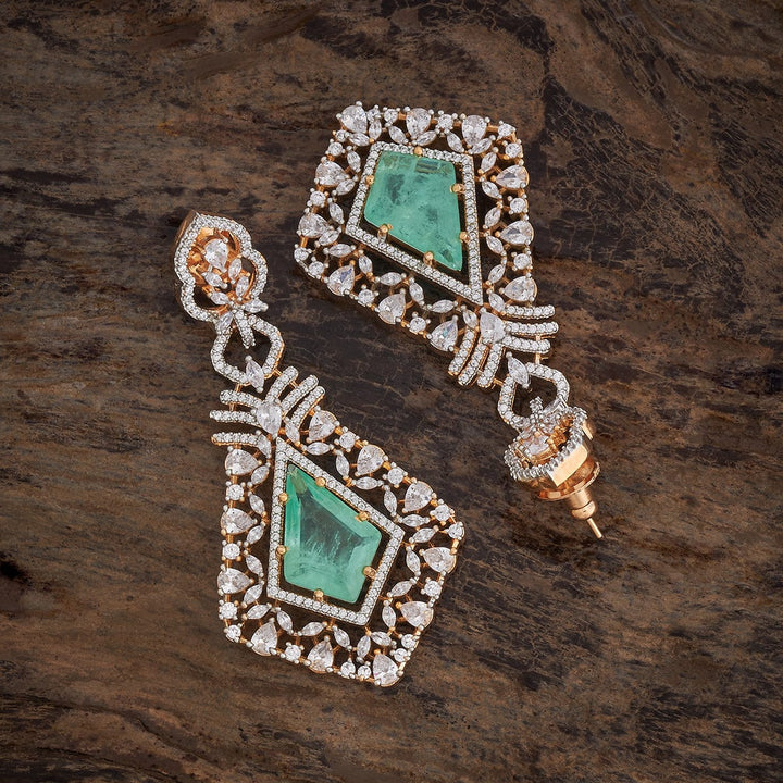 Rose Gold-Plated Geometric Earrings with Sparkling Zircons and Mint Green Gemstones