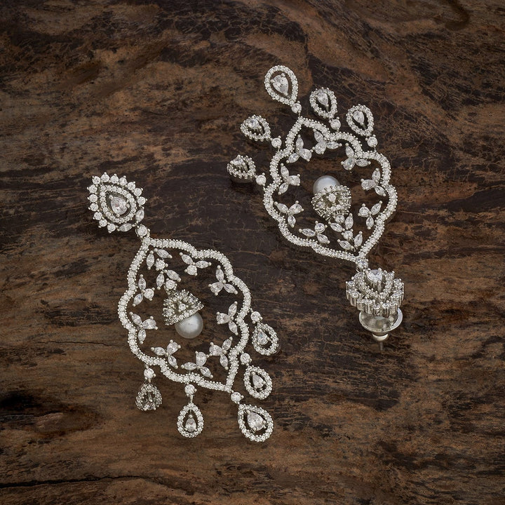 Rodium polished Ornate Zircon and Pearl Dangle Earrings