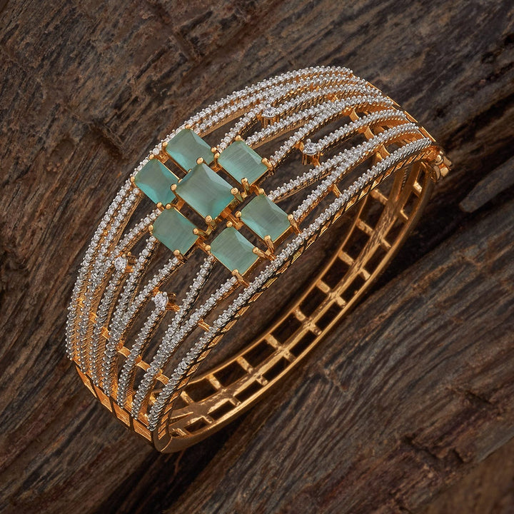 Rodium-Gold Polished CZ And Mint Stone Embellished Adjustable kadaa - Single Piece