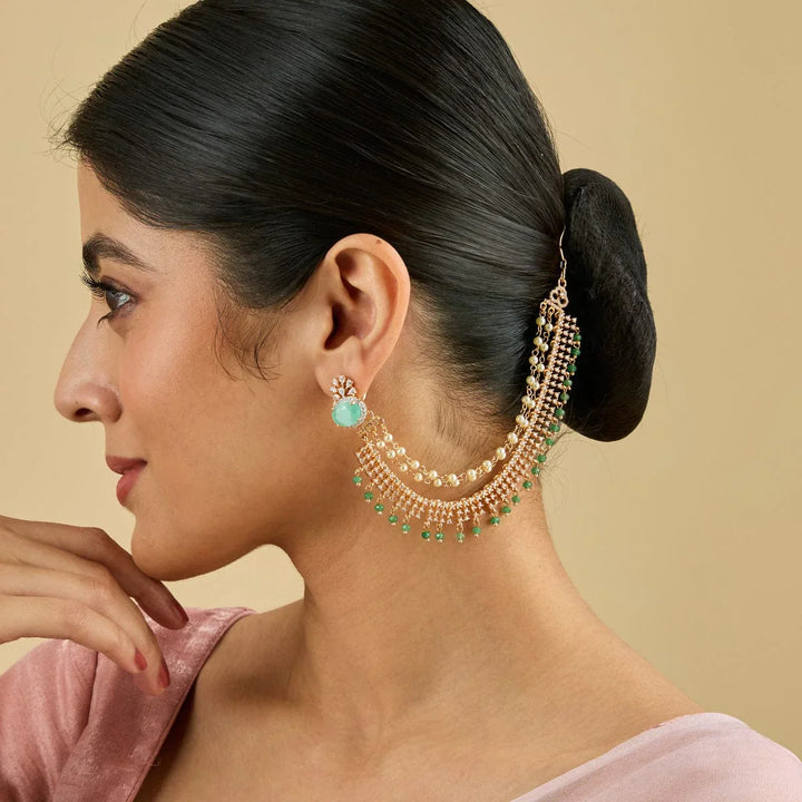 Elegant Gold-Plated Matil with Sparkling CZ, Emerald Drops, and Double Pearl Strands
