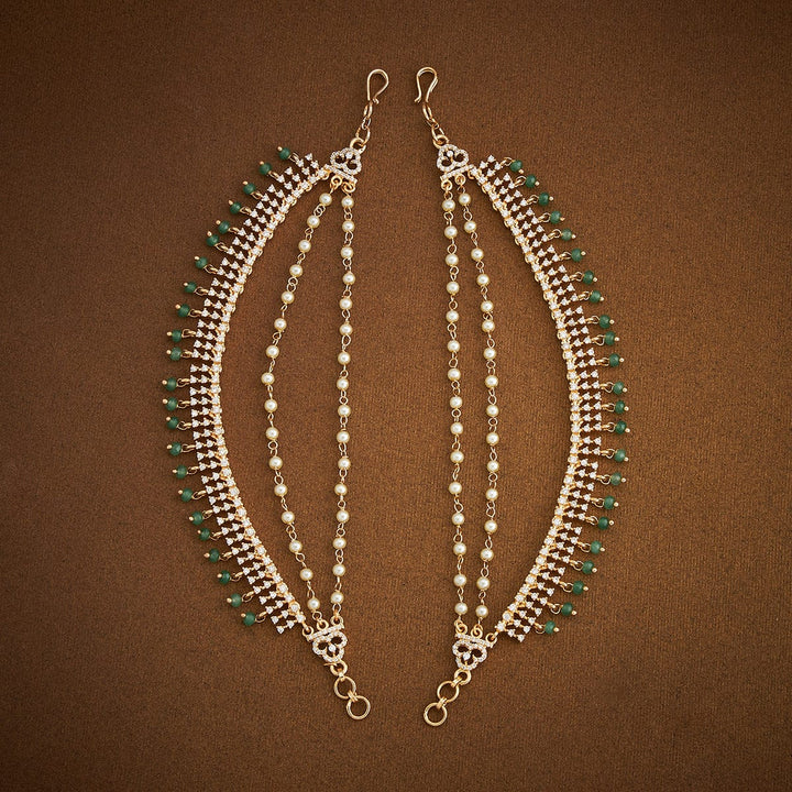 Elegant Gold-Plated Matil with Sparkling CZ, Emerald Drops, and Double Pearl Strands
