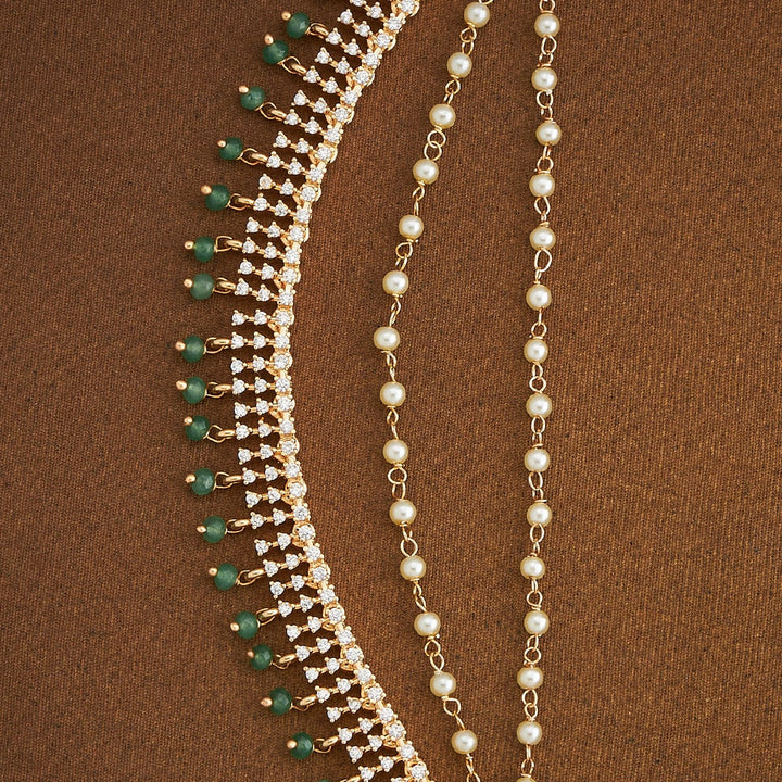 Elegant Gold-Plated Matil with Sparkling CZ, Emerald Drops, and Double Pearl Strands