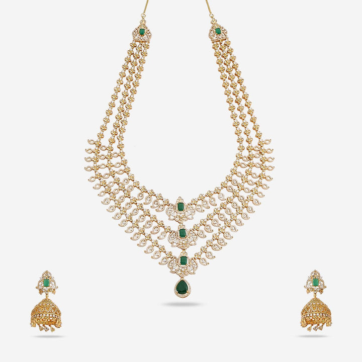 Three-Layered Gold Plated CZ Stone Studded Necklace with Green Accents and Jhumka Earrings