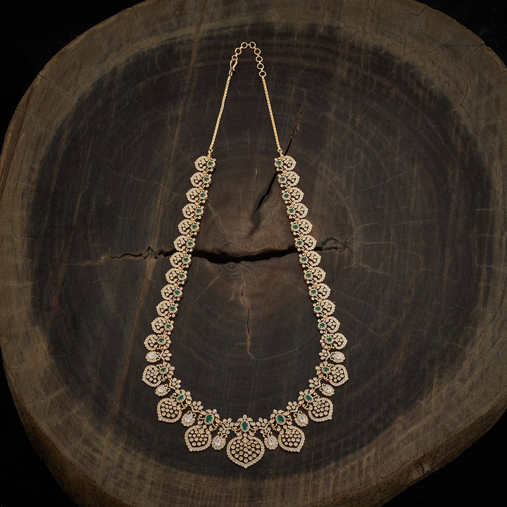 Long Gold Plated CZ Necklace with Intricate Design