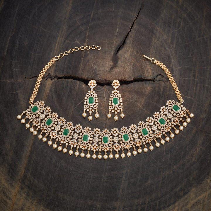 CZ Floral Motifs Short Necklace Set with Green Stone And Dangling Pearls