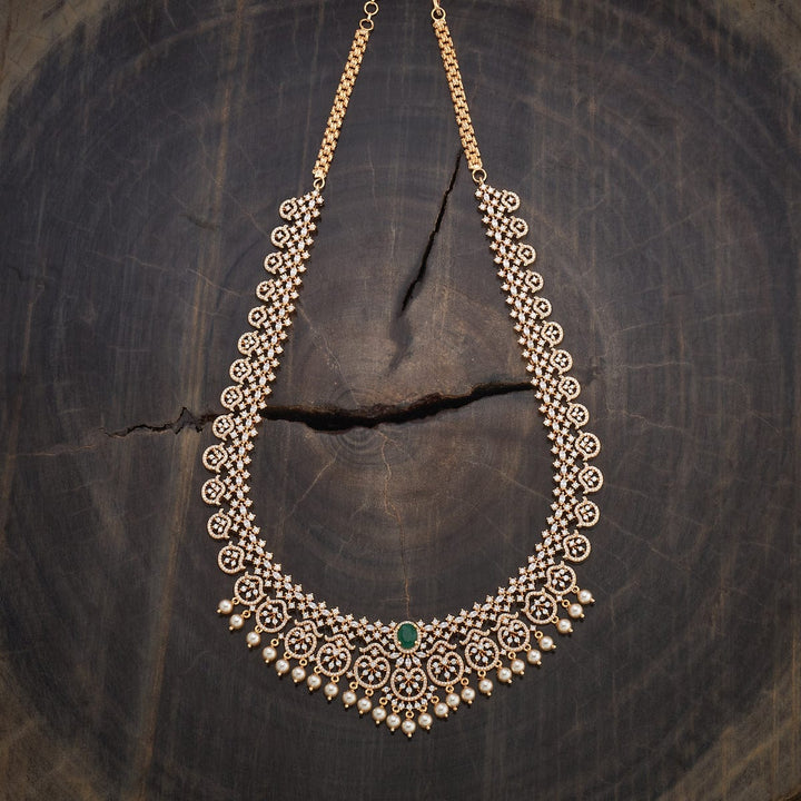 CZ Floral Motifs Long Necklaces with Dangling Pearls And Adjustable Chain