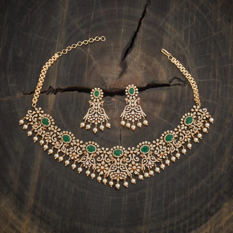 CZ White And Green Stones Gold-Plated Ethnic Peacock Design Necklace Set  And Adjustable Chain