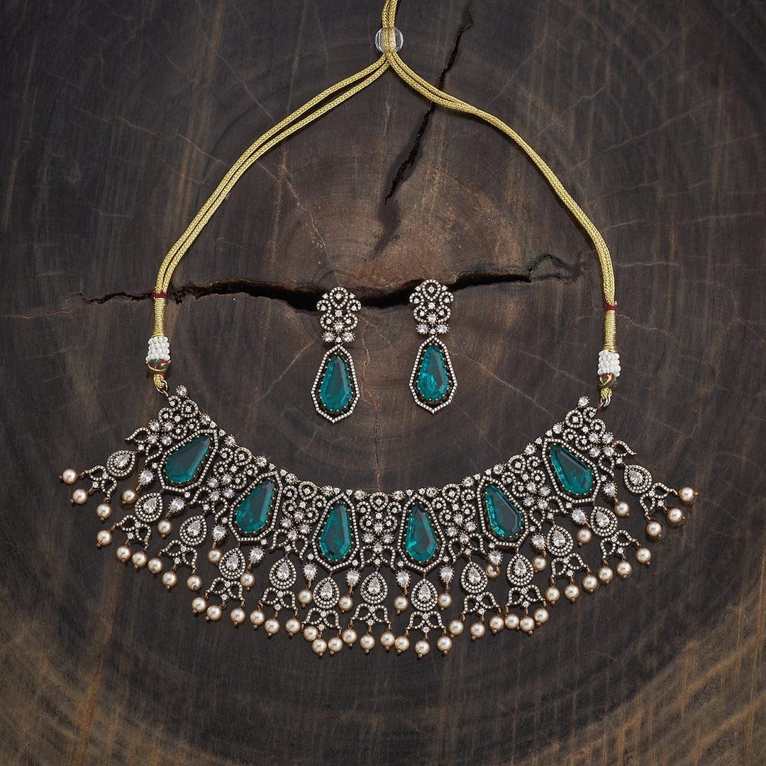 Victorian Inspired Zircon Necklace Set with Green Stone and Dangling Pearls