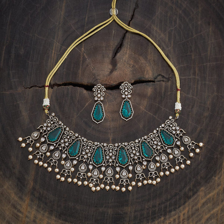 Victorian Inspired Zircon Necklace Set with Green Stone and Dangling Pearls