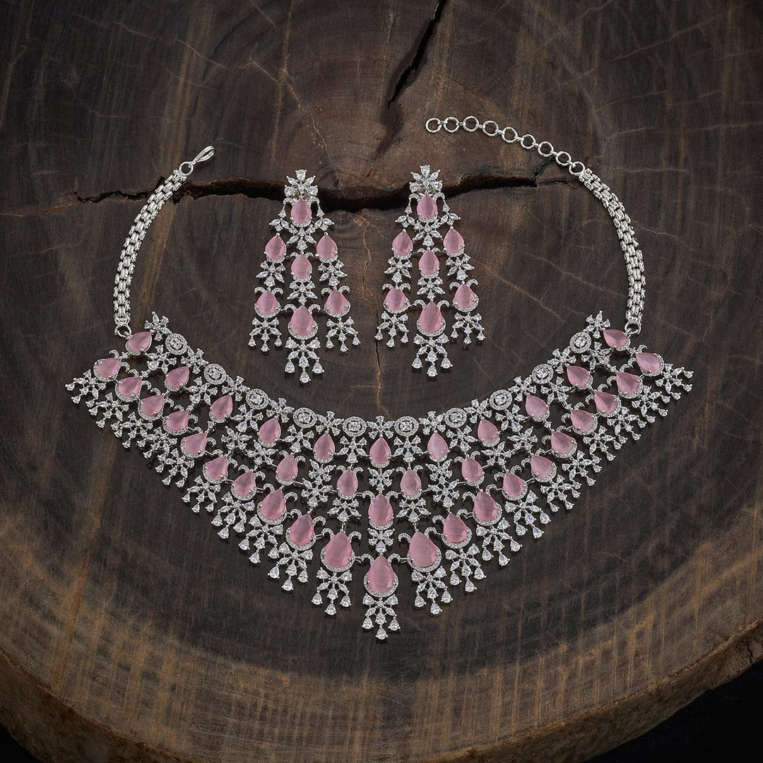Rhodium-Plated CZ-Studded and Pink Beaded Necklace Set
