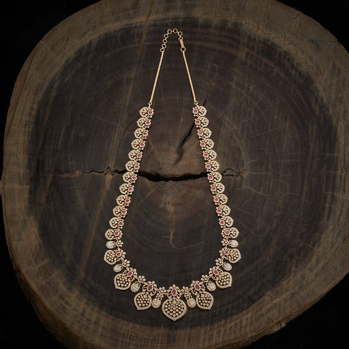 Long Gold Plated CZ Necklace with Intricate Design