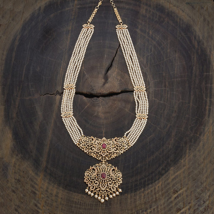 Multistrand Pearls Necklace and CZ Floral Pendant and Dangling Pearls