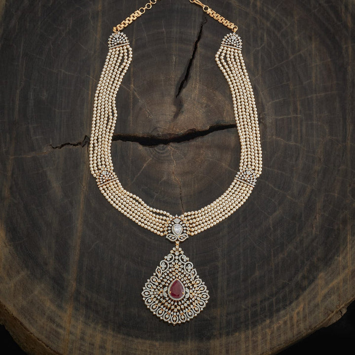 Multistrand Pearls Necklace and CZ Pendant and Ruby Stone