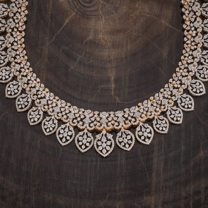 White Rodium-Gold-Plated Zircon Long Necklace (Haram) with Floral Design