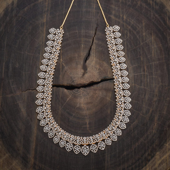White Rodium-Gold-Plated Zircon Long Necklace (Haram) with Floral Design