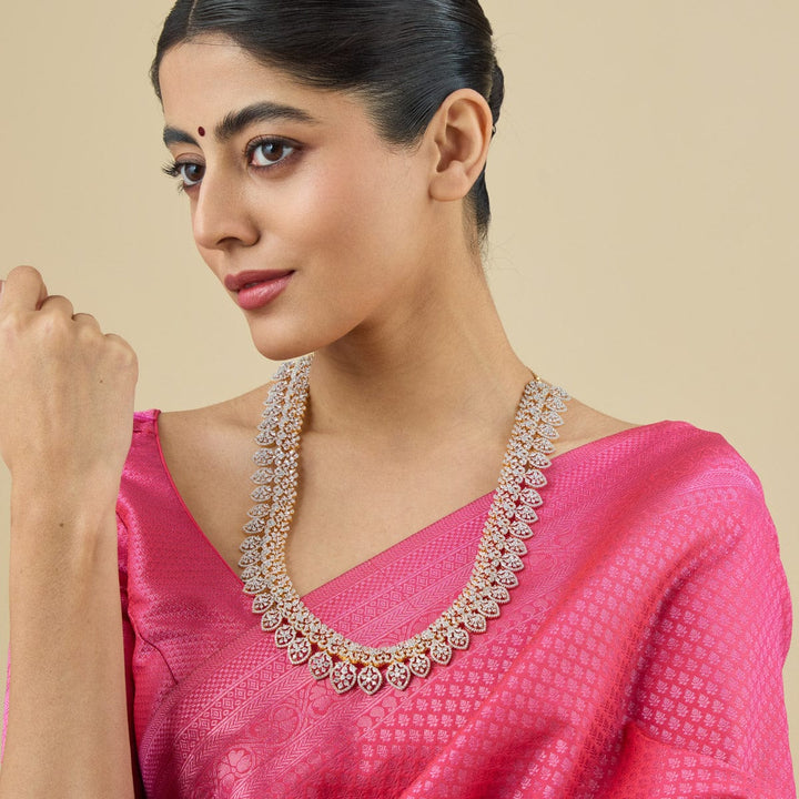 White Rodium-Gold-Plated Zircon Long Necklace (Haram) with Floral Design