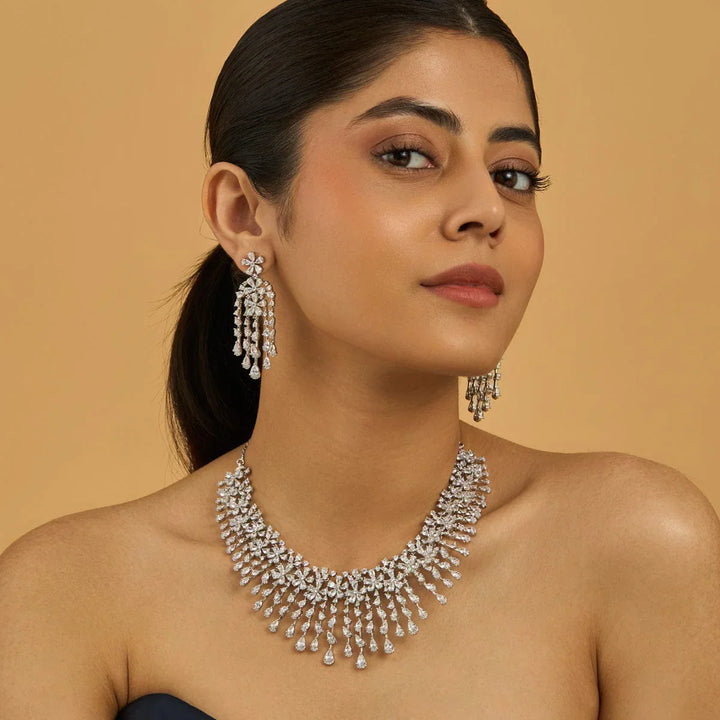 Rodium-Plated Zircon Floral Design Necklace with Matching Earrings