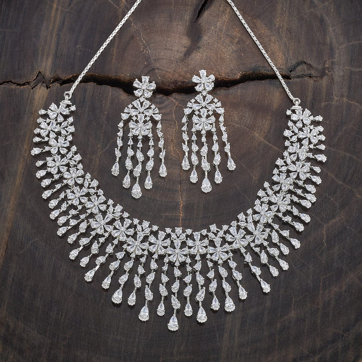 Rodium-Plated Zircon Floral Design Necklace with Matching Earrings