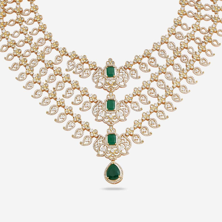 Three-Layered Gold Plated CZ Stone Studded Necklace with Green Accents and Jhumka Earrings