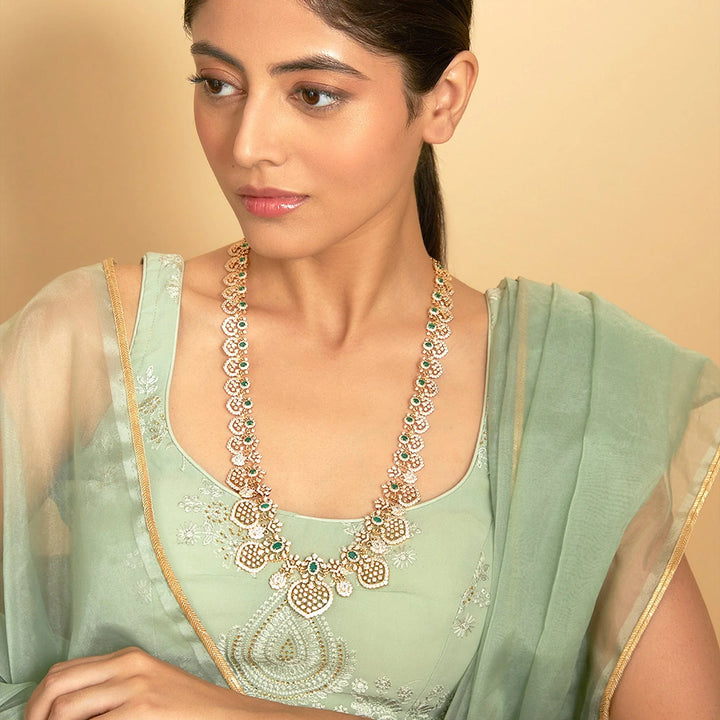 Long Gold Plated CZ Necklace with Intricate Design