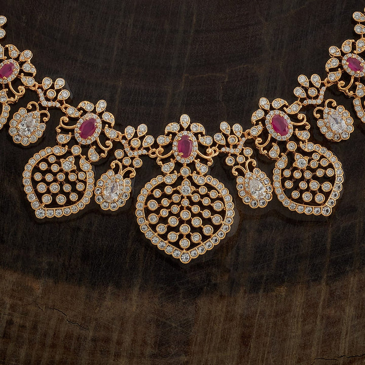 Long Gold Plated CZ Necklace with Intricate Design
